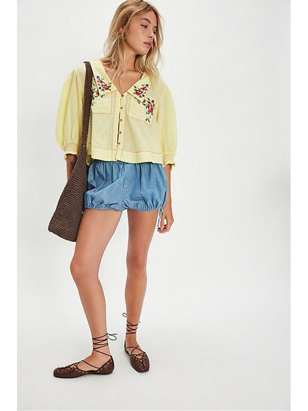 Free People Pale Yellow Embroidered Floral Peasant Blouse - Picture 2 of 4